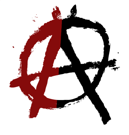 A red and black anarchy sign in graffiti style.