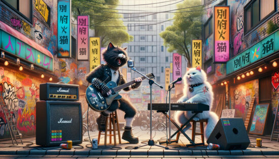 Beppu Punk Cats aka Hirai Masaya & Jan Kosyk, gemalt als Katzen an ihren Instrumenten